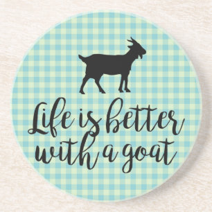 Life Better With Goat Blue Country Plaid Coaster