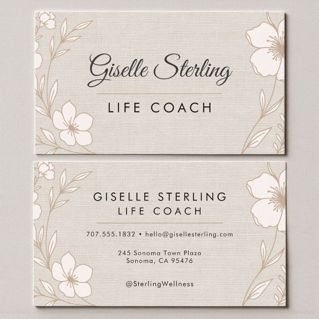 Life Coach Botanical Flowers Floral Linen Business Card (Creator Uploaded)