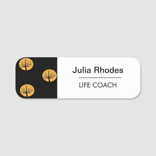 Life coach gold trees circles black name tag (Front)