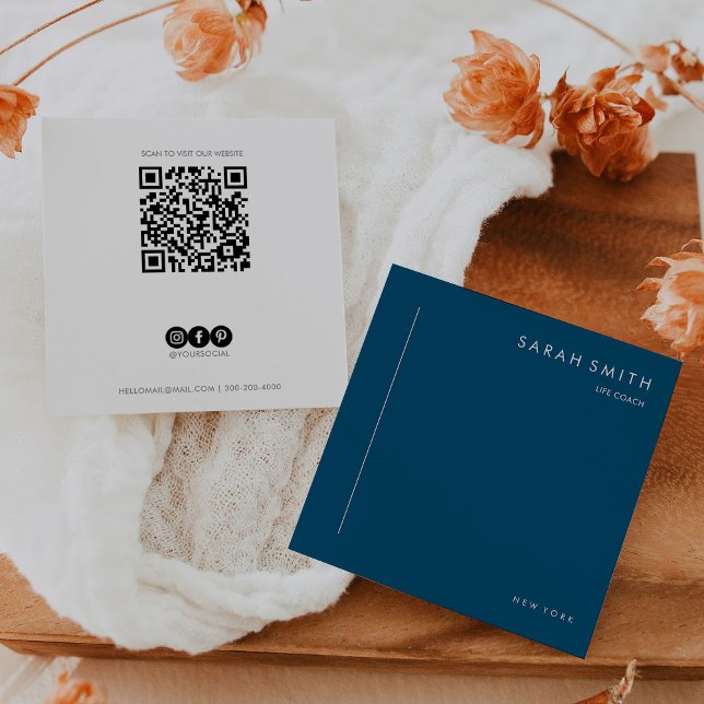 Life Coach Minimalist Blue White QR Code Square Business Card (Creator Uploaded)