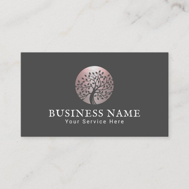 Life Coach Rose Gold Tree Logo Counsellor Dark Gre Business Card (Front)