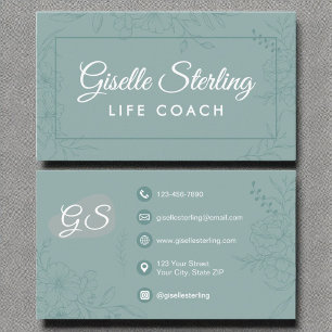 Life Coach Teal Floral Line Art Script Business Card