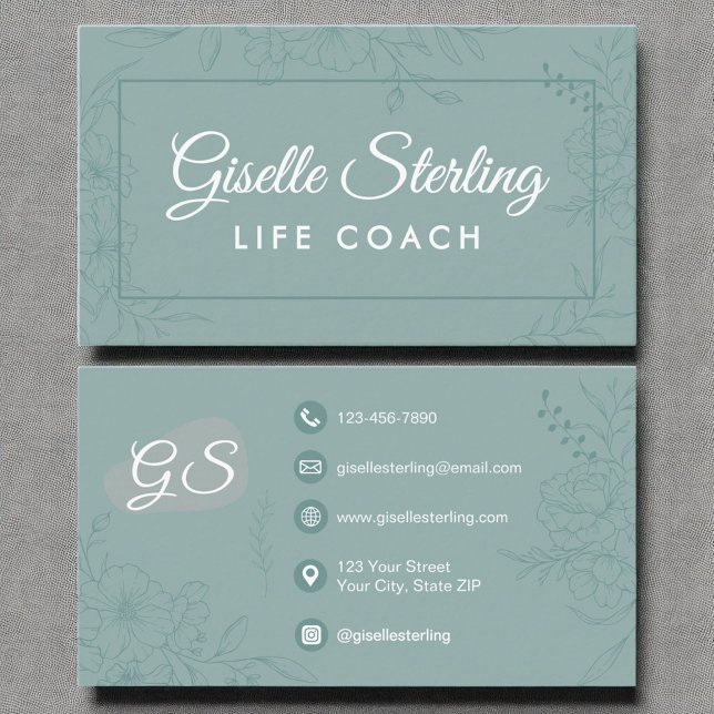 Life Coach Teal Floral Line Art Script Business Card (Creator Uploaded)