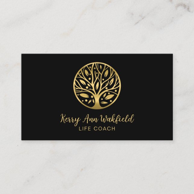 Life coach tree of life therapist yoga healer gold business card (Front)