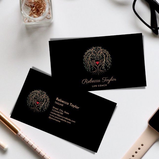 Life Coach Willow Tree of Life Heart Hands Business Card (Creator Uploaded)