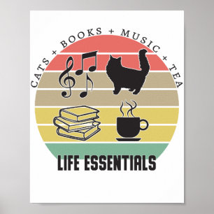 Life Essentials Cats, Tea, Books, Music Vintage Poster
