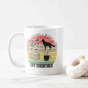 Life Essentials Dogs, Tea, Books, Music Vintage Coffee Mug