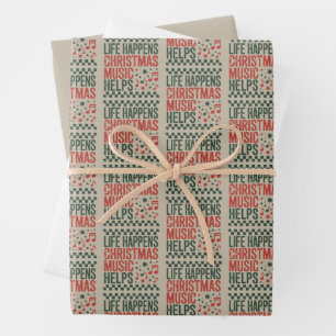 Life Happens Christmas Music Helps Funny Retro Wrapping Paper Sheet