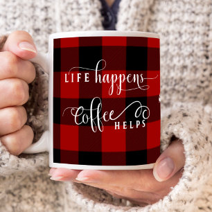 Life Happens Coffee Helps, Plaid, Central Monogram Mug