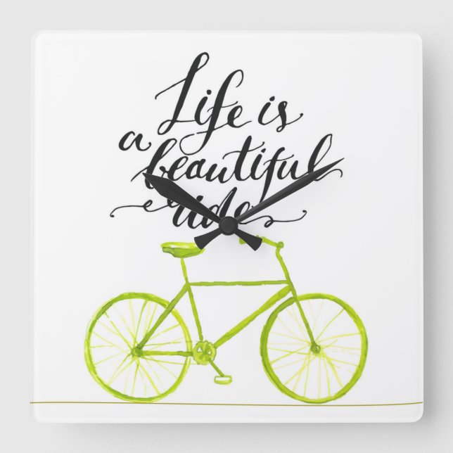 Life Is A Beautiful Ride Lime Green Square Wall Clock (Front)