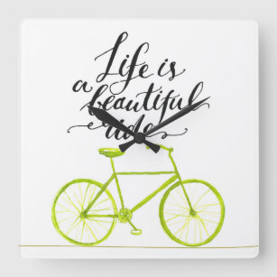 Life Is A Beautiful Ride Lime Green Square Wall Clock