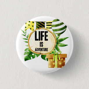 Life Is Adventure - Green And Gold Nature Party 3 Cm Round Badge