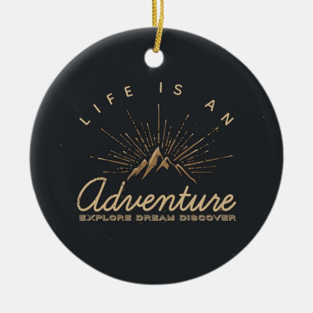 Life is an Adventure Mountain with Golden Sunrays Ceramic Tree Decoration (Front)