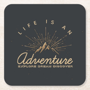 Life is an Adventure Mountain with Golden Sunrays Square Paper Coaster