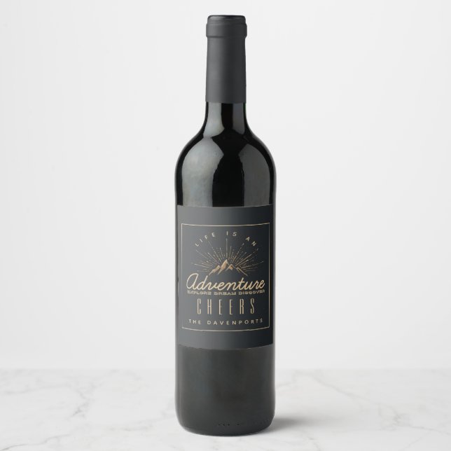 Life is an Adventure Mountain with Golden Sunrays Wine Label (Front)