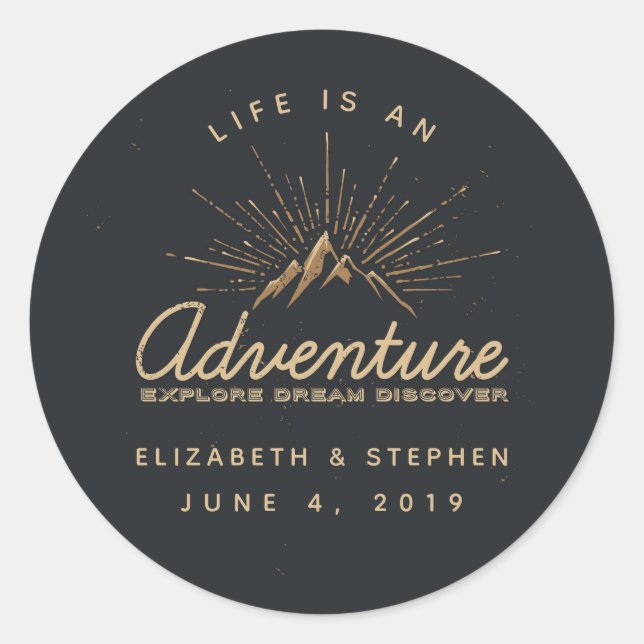 Life is an Adventure Mountain with Sunrays Wedding Classic Round Sticker (Front)