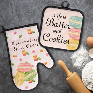Life is Batter with Cookies Watercolor Macaron Oven Mitt & Pot Holder Set