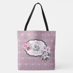 Life is Beautiful Floral Heart Pattern Tote Bag