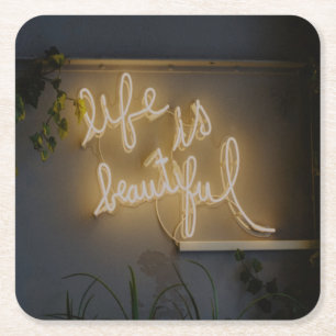Life is Beautiful Neon Lights Square Paper Coaster