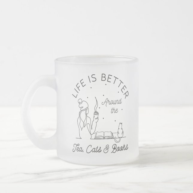 Life is Better Around The Tea Cats and Books Frosted Glass Coffee Mug (Left)