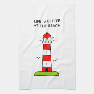 Life is better at the beach cute lighthouse tower tea towel