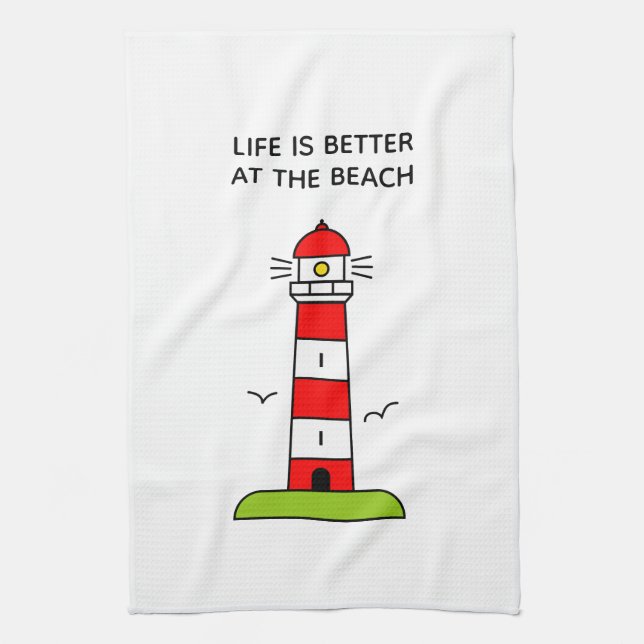 Life is better at the beach cute lighthouse tower tea towel (Vertical)