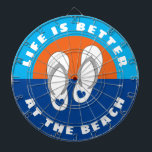 Life is better at the beach sandals ocean sunset dartboard<br><div class="desc">Life is better at the beach sandals ocean sunset Dart Board. Cool wall decor for beach home, house party, office, college dorm, wedding, garden, bar, cafe, mancave etc. Fun Birthday gift idea for friends, family, sailor, skipper, boat captain, fisher, boat owner etc. Personalised professional dartboards with seaside design. Fun indoor...</div>