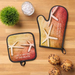 Life is better at the beach starfish photo oven mitt & pot holder set