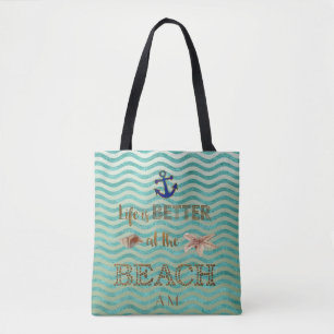Life is BETTER at the BEACH Typography Monogram Tote Bag