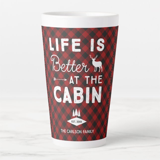 Life is Better at the Cabin Family Buffalo Plaid Latte Mug (Front)