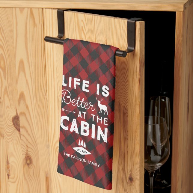 Life is Better at the Cabin Family Buffalo Plaid Tea Towel (Thirds Fold)