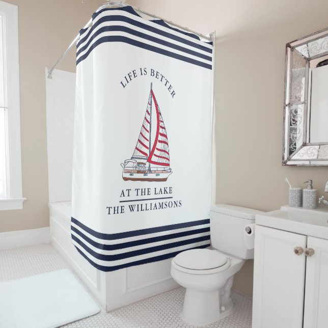 Life is Better at the Lake Coastal White Blue Red Shower Curtain (In Situ)