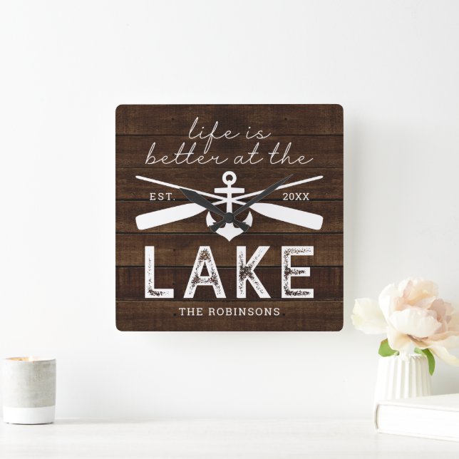 Life is Better at the Lake Family Name Square Wall Clock (Home)