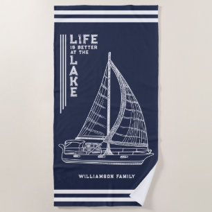 Life is Better at the Lake Family Navy Blue White Beach Towel