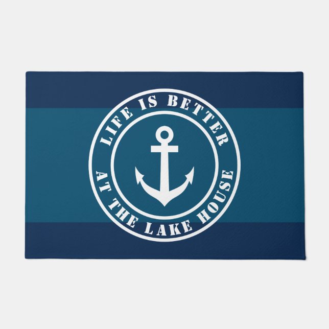 Life is better at the lake house navy blue anchor  doormat (Front)