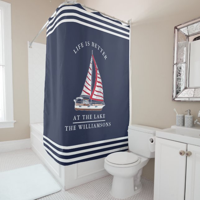 Life is Better at the Lake Nautical Red Navy Blue Shower Curtain (In Situ)