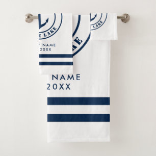 Life is better at the lake navy and white custom bath towel set