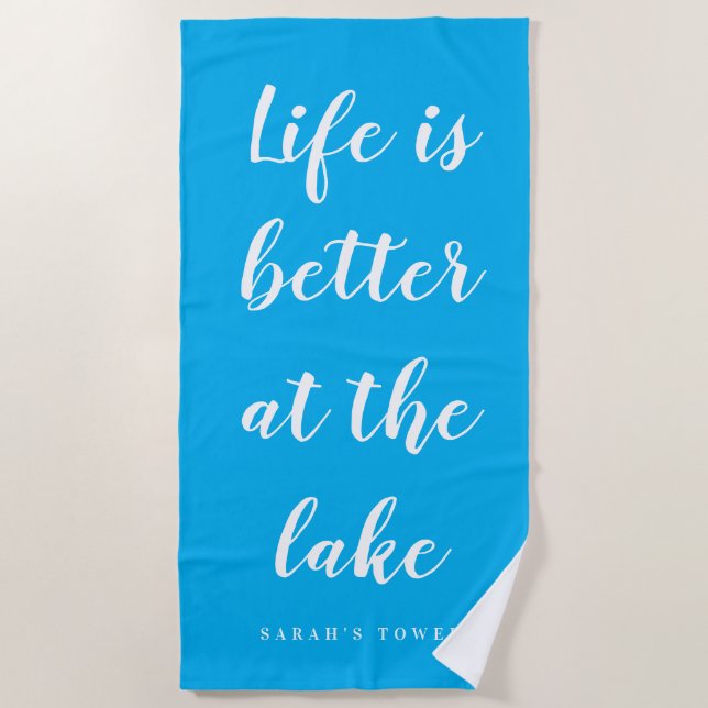 Life is better at the lake personalised blue beach towel (Front)