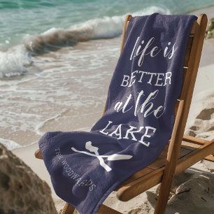 Life Is Better at the Lake Typography Navy Blue Beach Towel