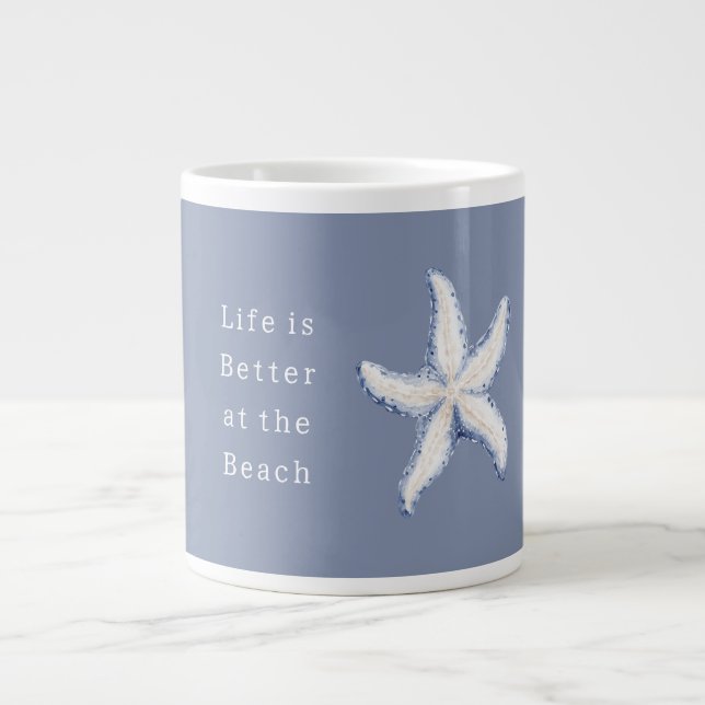 Life is Better Beach Blue White Starfish Large Coffee Mug (Front)