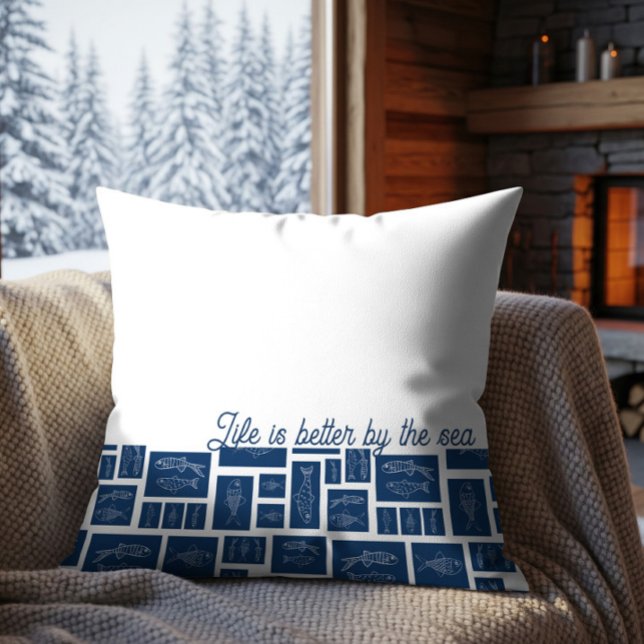 Life Is Better By The Sea Coastal Fish Pattern  Cushion (Creator Uploaded)