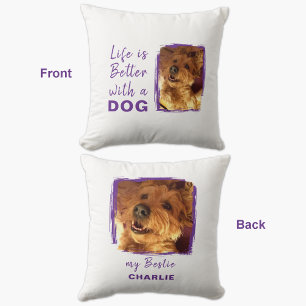 Life is better dog 2 photo name white purple cushion