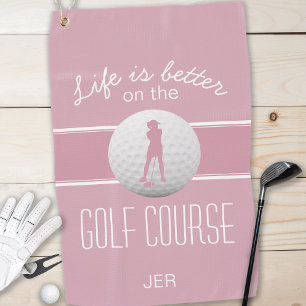Life is Better Female Golfer Monogrammed Pink Golf Towel