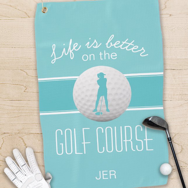 Life is Better Female Golfer Monogrammed Teal Chic Golf Towel (Life is Better Female Golfer Monogrammed Teal Chic Golf Towel)