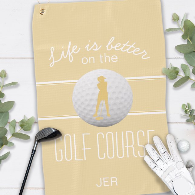 Life is Better Female Golfer Monogrammed Yellow Golf Towel (Creator Uploaded)