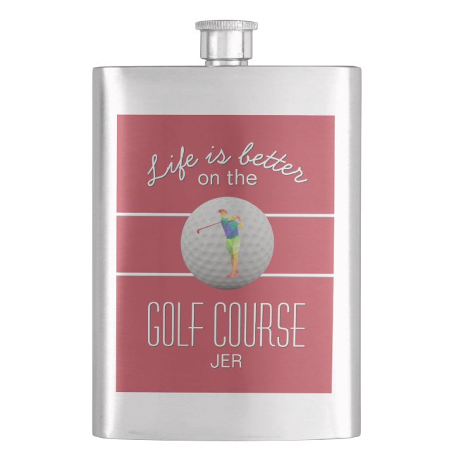 Life is Better Golf Polygonal Golfer Initials Red Hip Flask (Front)