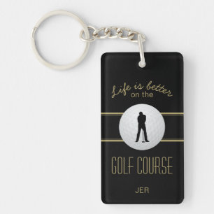 Life is Better Golfer Monogram Black Gold Custom Key Ring