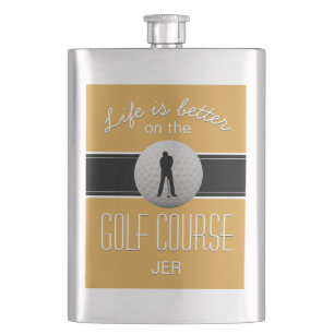 Life is Better Golfing Monogrammed Yellow Black Hip Flask