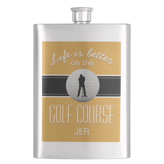 Life is Better Golfing Monogrammed Yellow Black Hip Flask (Front)