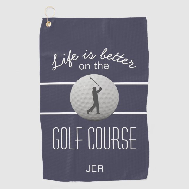Life is Better Golfing Quote Initials Blue Golf Towel (Front)
